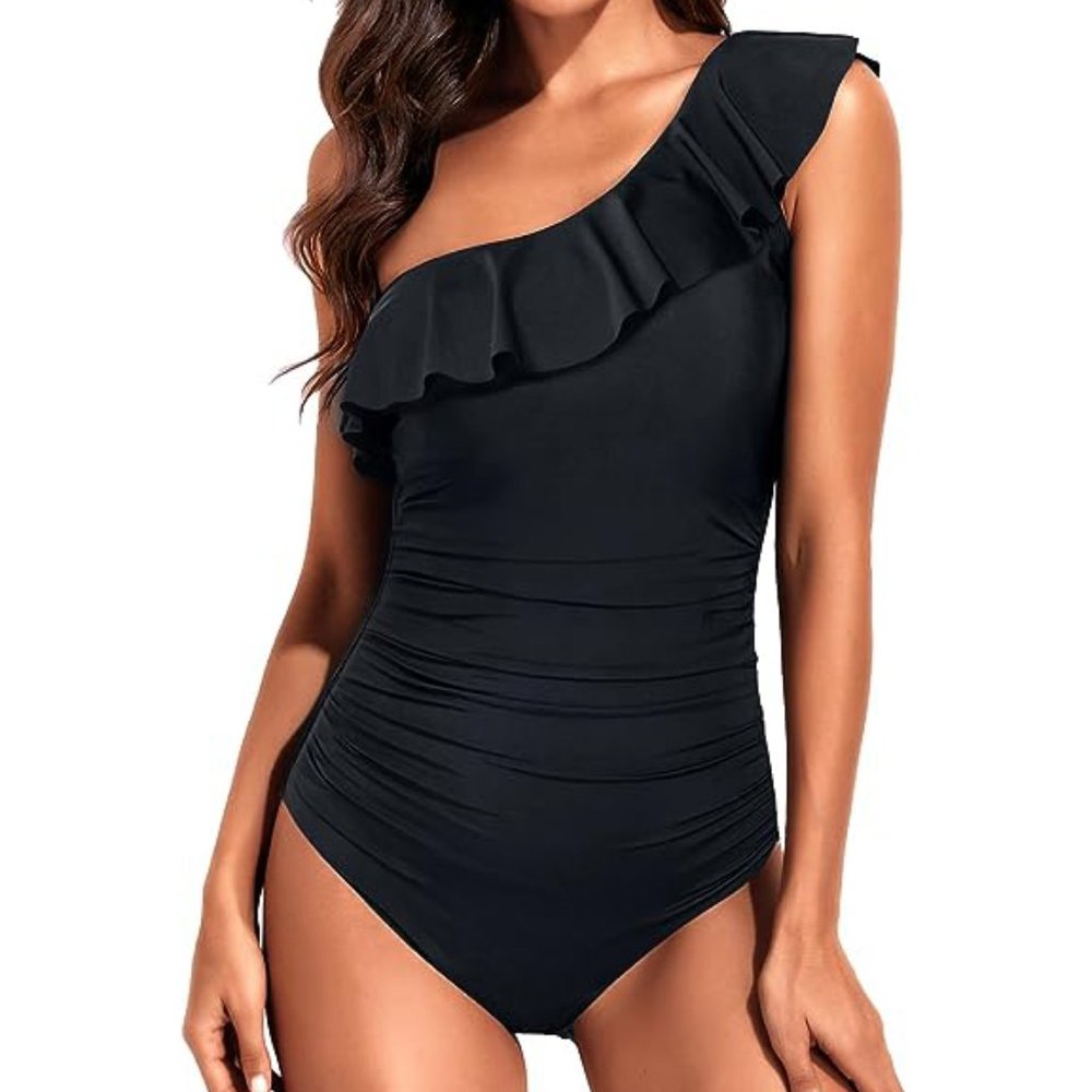BLACK RUFFLE ONE SHOULDER ONE PIECE SWIMSUIT